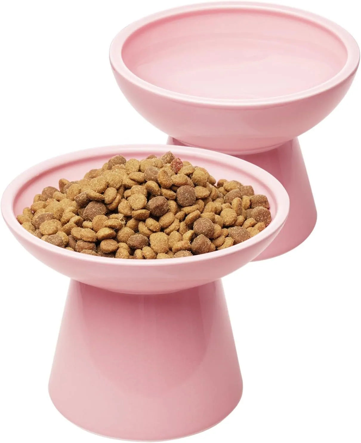 Ceramic elevated cat food bowl in blue showing wide shallow design and raised height