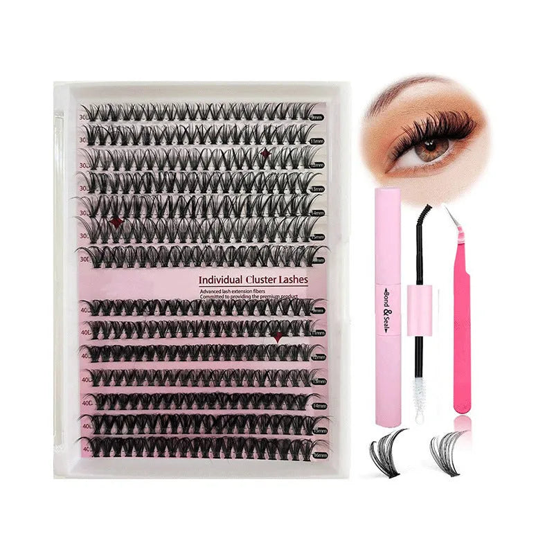 DIY cluster false eyelashes mixed package showing 30D and 40D density lashes with tweezers