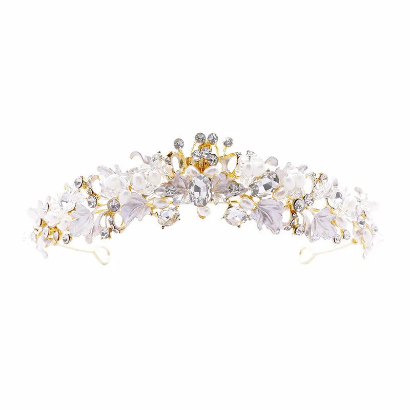 Alloy pearl crown headdress for women with electroplated gold finish and European styling