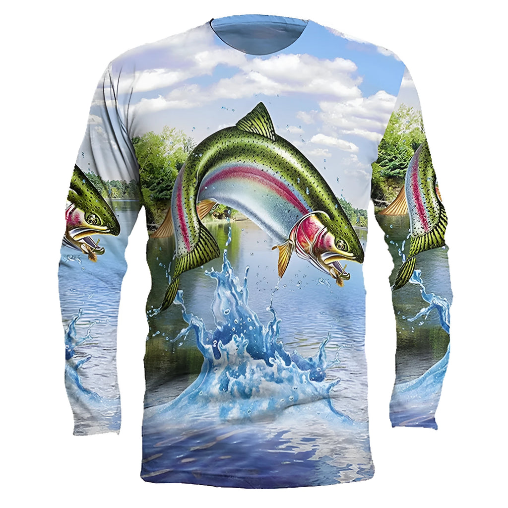 Men's grey pullover with a printed all-over fish pattern, round neck, and long sleeves.