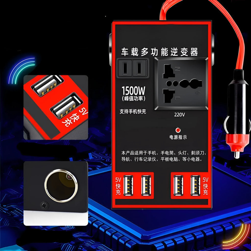 Black automotive power converter converting 12v24v vehicle power to 220v with USB charging ports