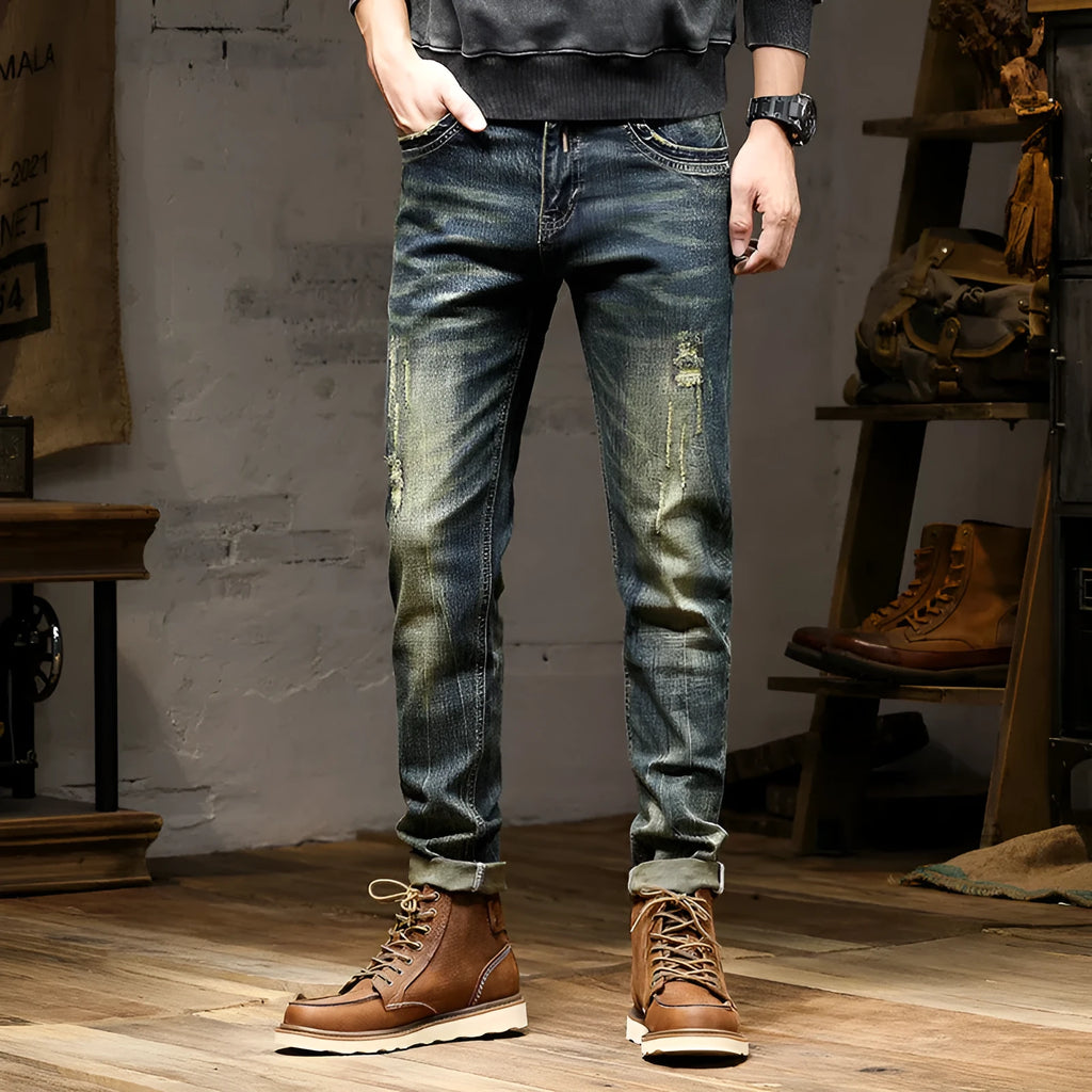 Men's retro colour skinny jeans with a zip fly, shown laid flat