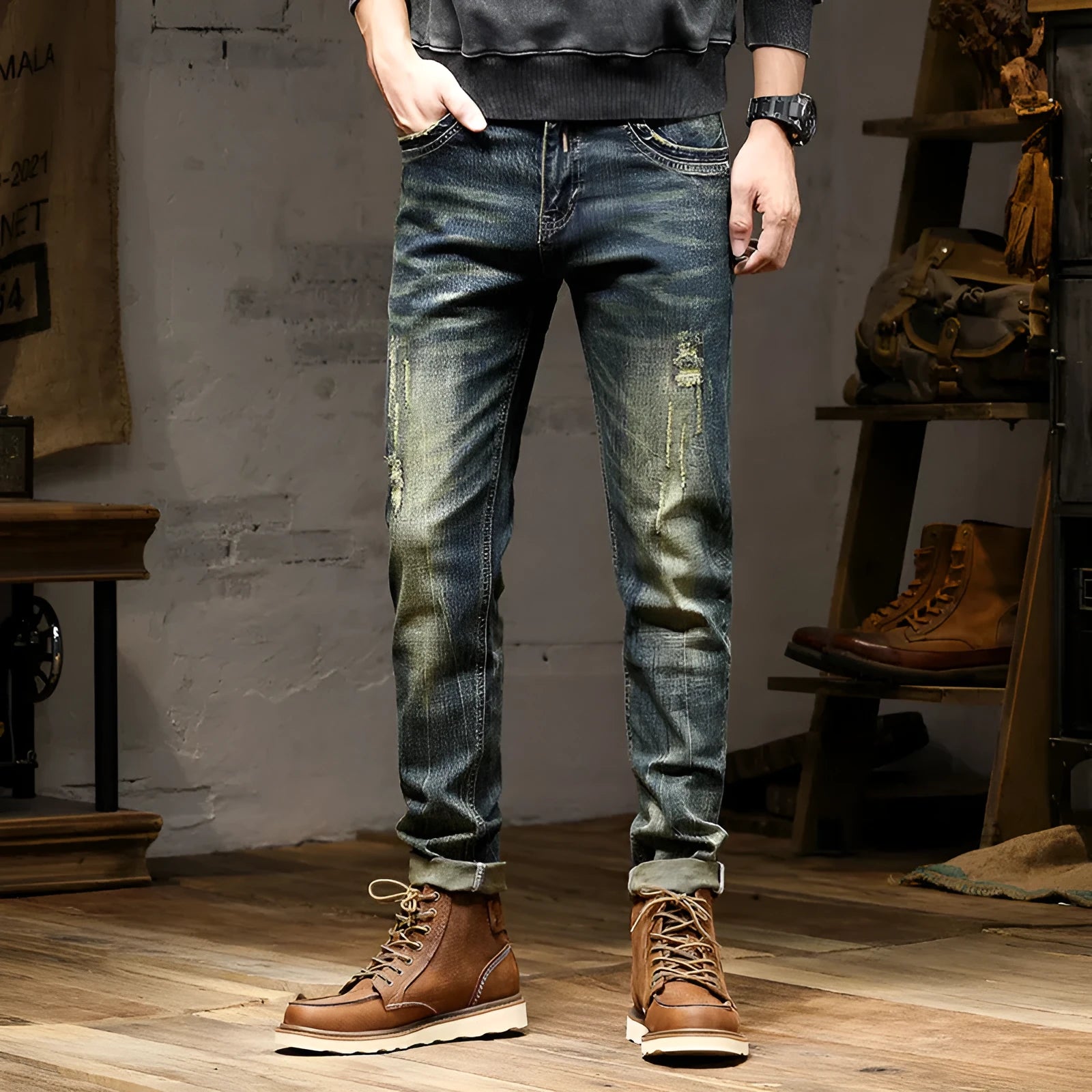 Men's retro colour skinny jeans with a zip fly, shown laid flat
