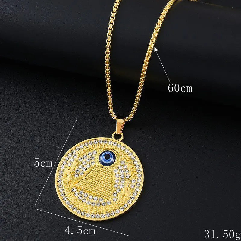Geometric gold-tone women's necklace with inlaid zircon stones on a model.