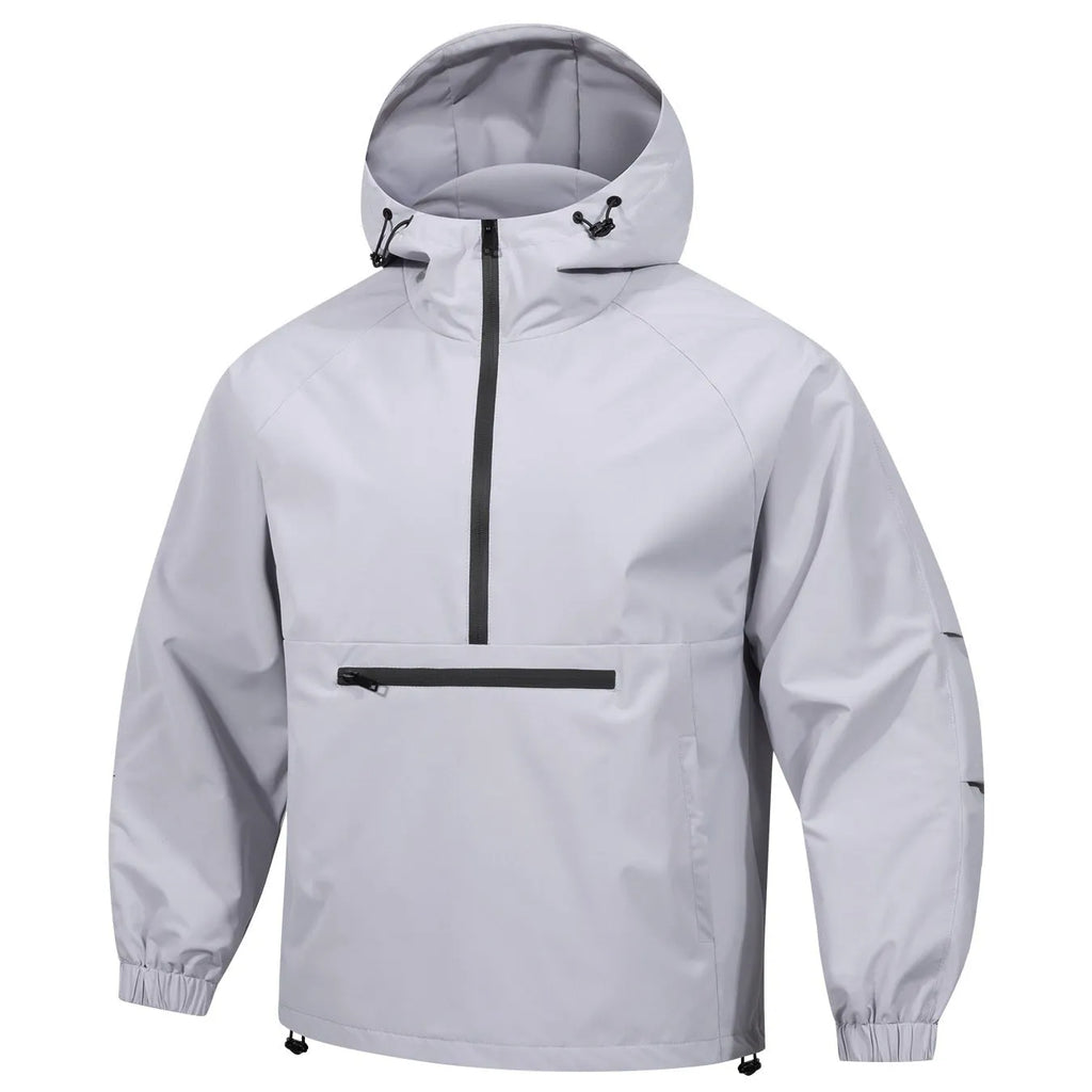 Men's Korean-style loose corduroy half-zip hooded sweater jacket in light grey colour