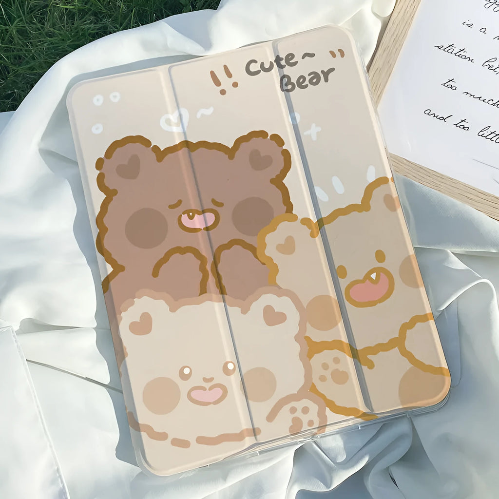Silicone tri-fold protective case for iPad in cartoon rabbit design, shown folded into a stand position.