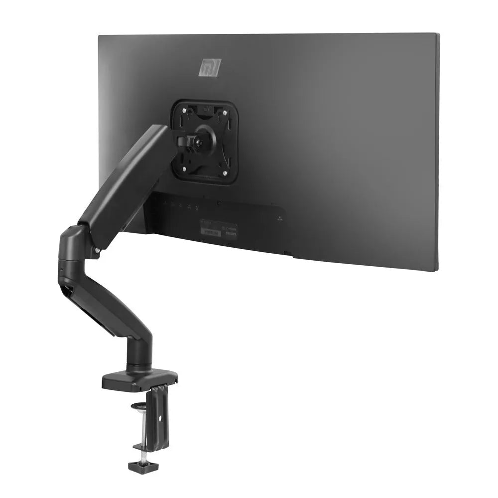 Black rotating telescopic LCD screen bracket elevating a monitor on a desk.