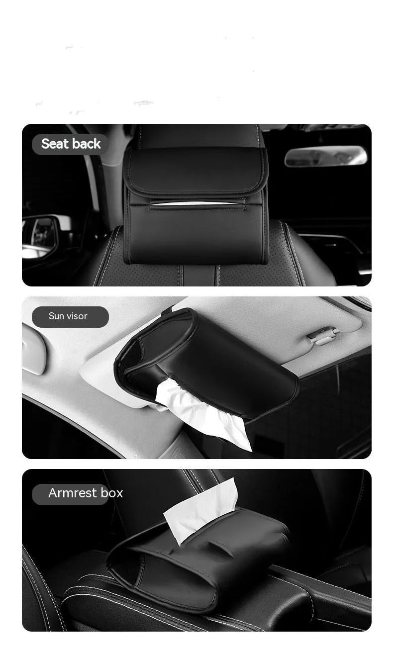 Brown leather car tissue box with elastic band hanging from a car sun visor