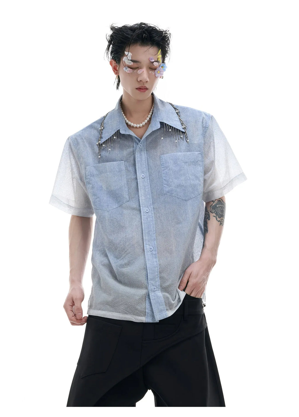 Men's blue and white gradient loose short sleeve shirt with quilted design