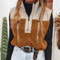 Women's casual maroon polyester vest with stand collar and stitching details