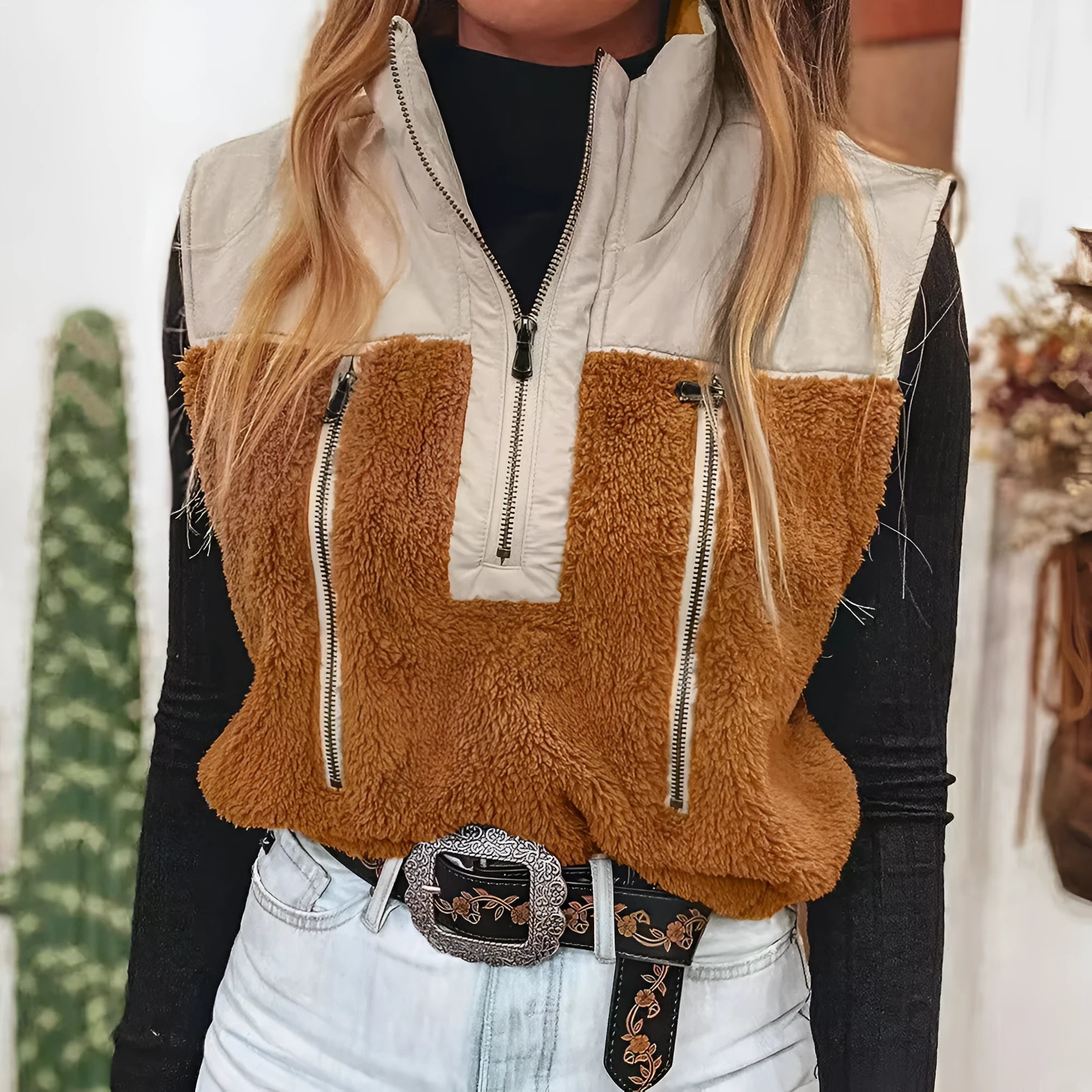 Women's casual maroon polyester vest with stand collar and stitching details