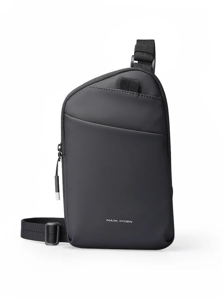 Men's elegant black Oxford cloth crossbody bag with sewing thread details