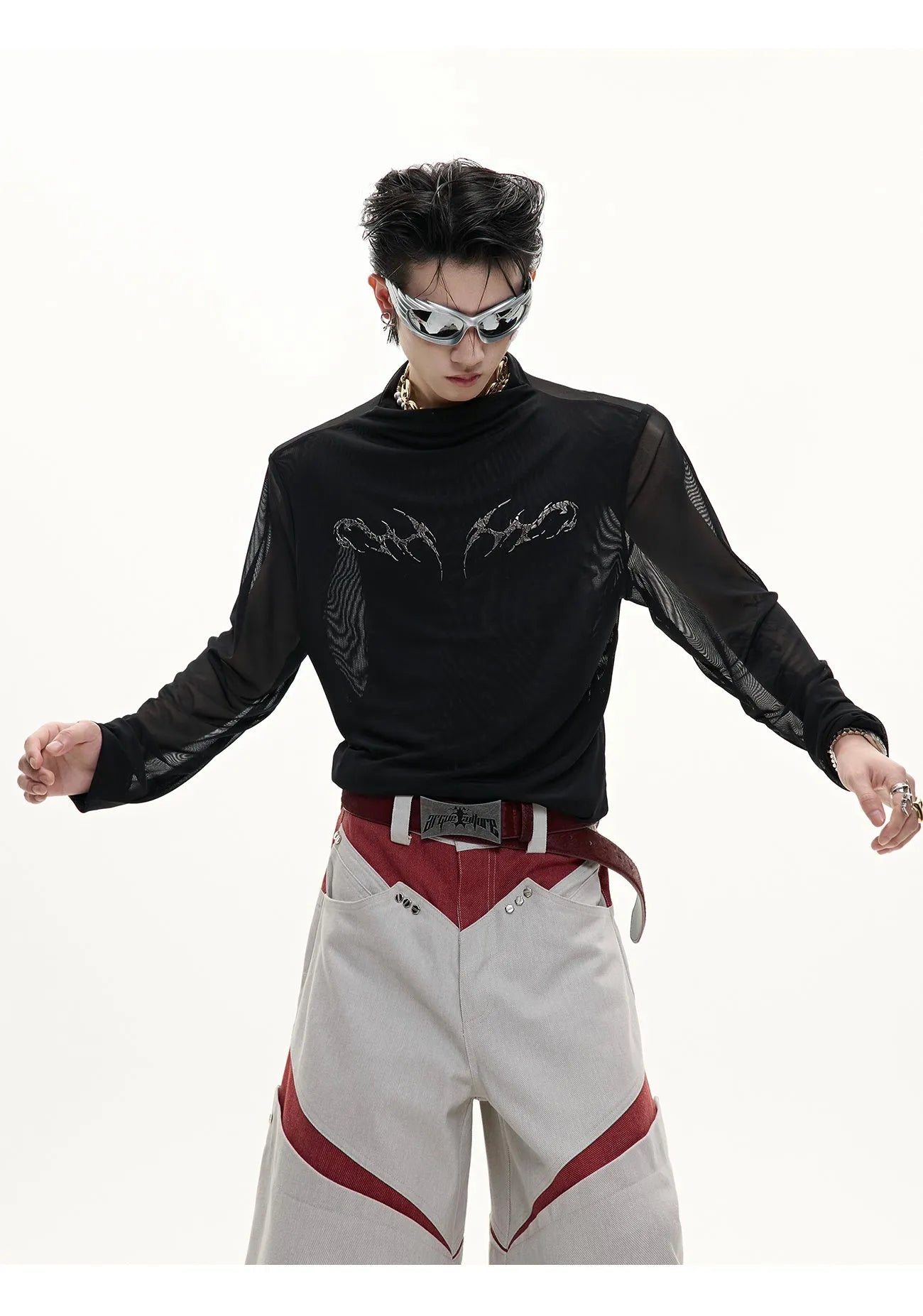 Men's black slim fit long sleeve mesh shirt with ice-feel fabric on hanger