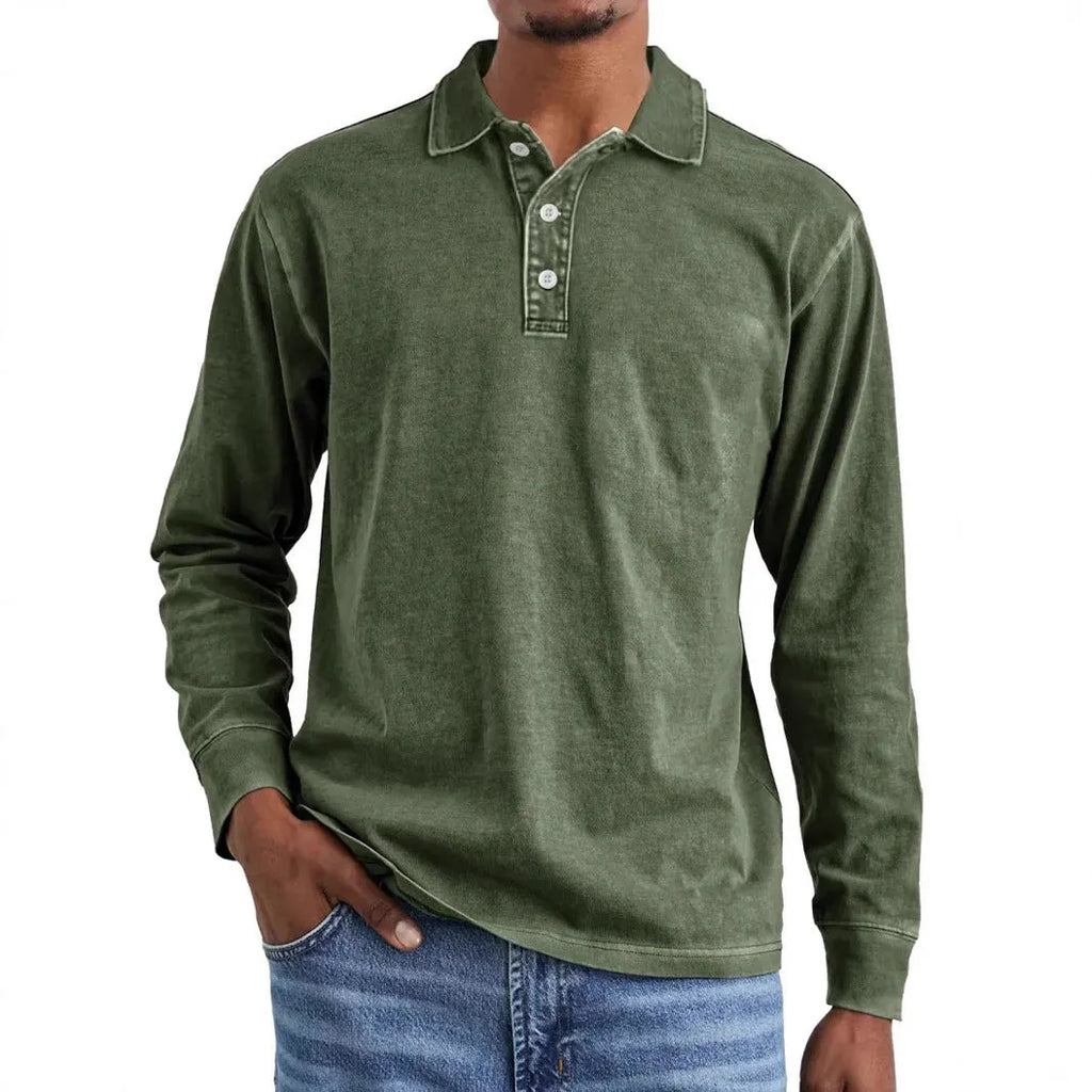 Men's retro washed pure cotton long sleeve polo shirt with a lapel collar in Army Green.