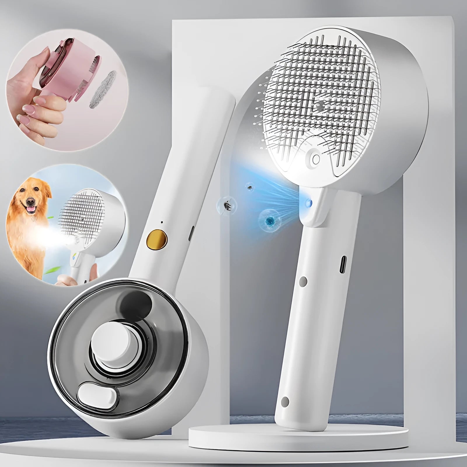 Ceramic White pet grooming brush with UVC light, mist spray nozzle, and soft needle head for dogs and cats.