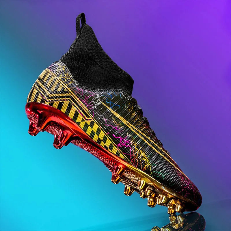 High-top soccer training shoes with gold plated soles and synthetic leather upper in mandarin duck colour