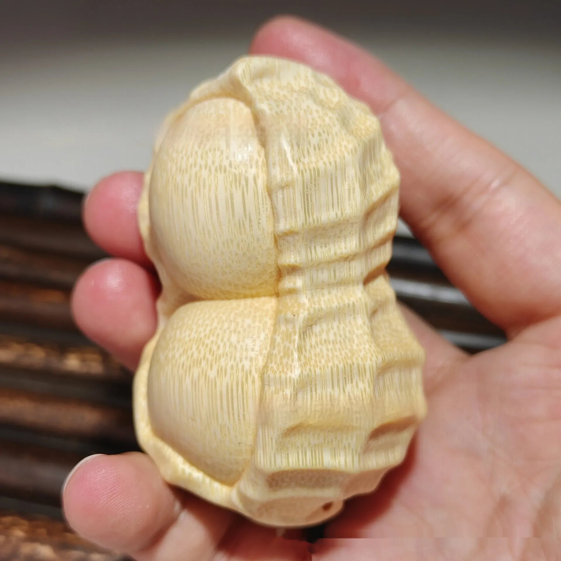Natural bamboo carving peanut ornament with Good Things May Happen inscription