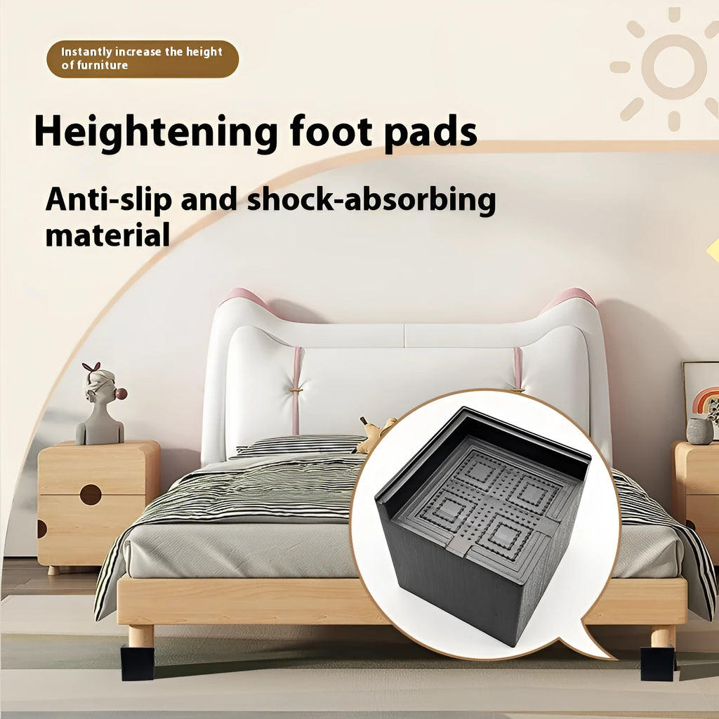 Four black plastic bed foot mats for furniture height adjustment and leg stabilisation