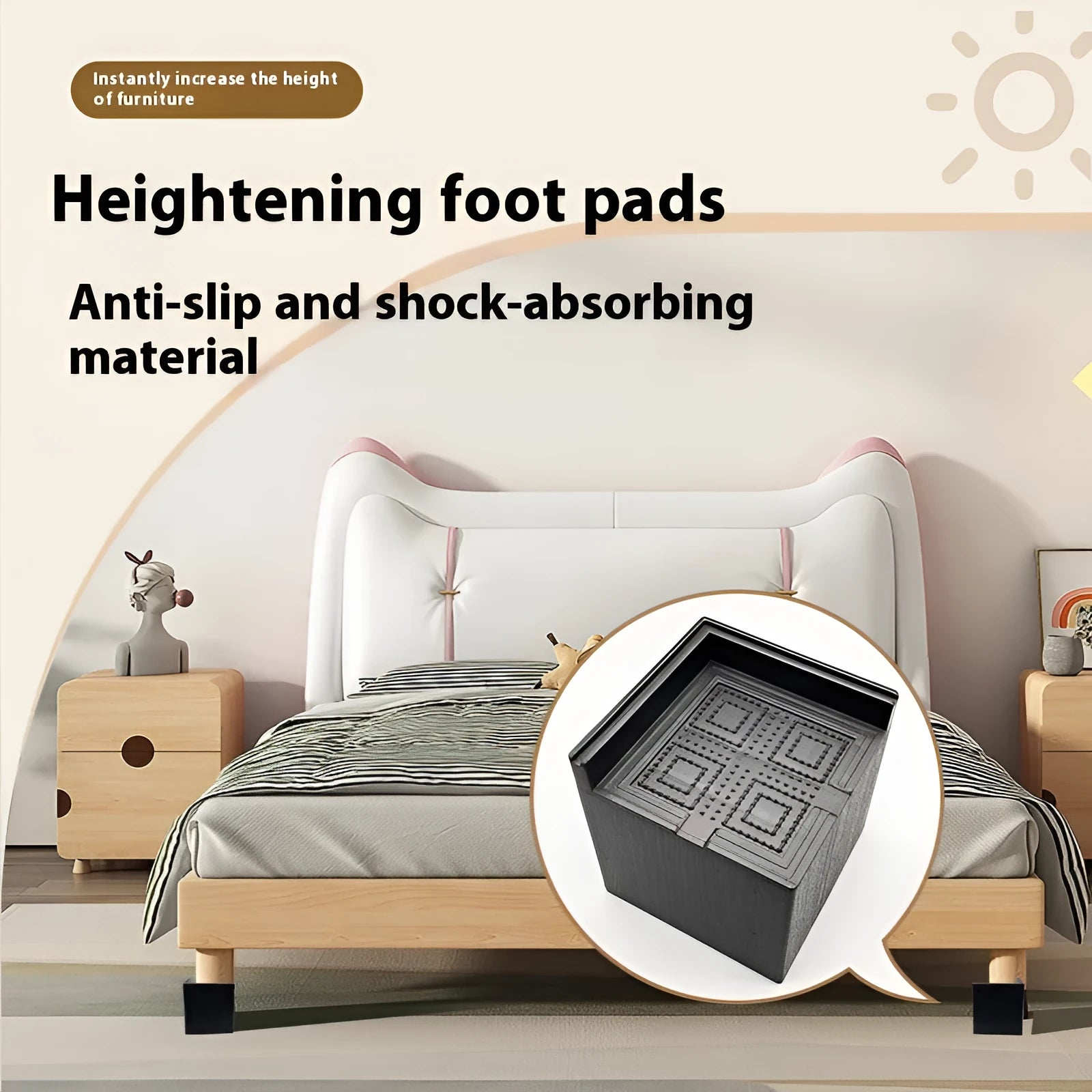 Four black plastic bed foot mats for furniture height adjustment and leg stabilisation
