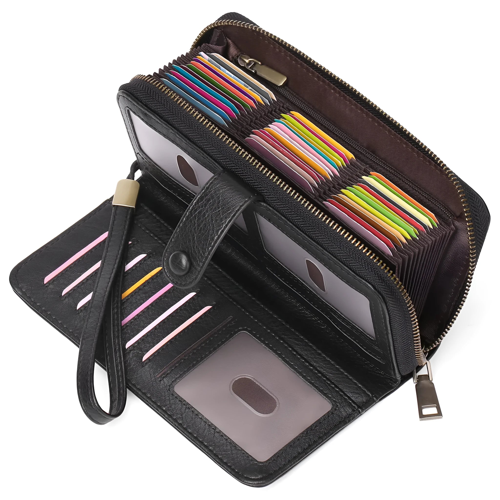 Women's expanding card holder long wallet in multiple colour options showing passport compartment and card slots