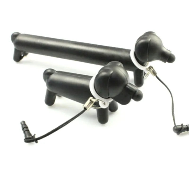Black dog-shaped touch screen stylus showing length adjustment and phone stand functionality