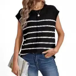 Women's striped sleeveless vest pullover in acrylic knit with bone stitching detail