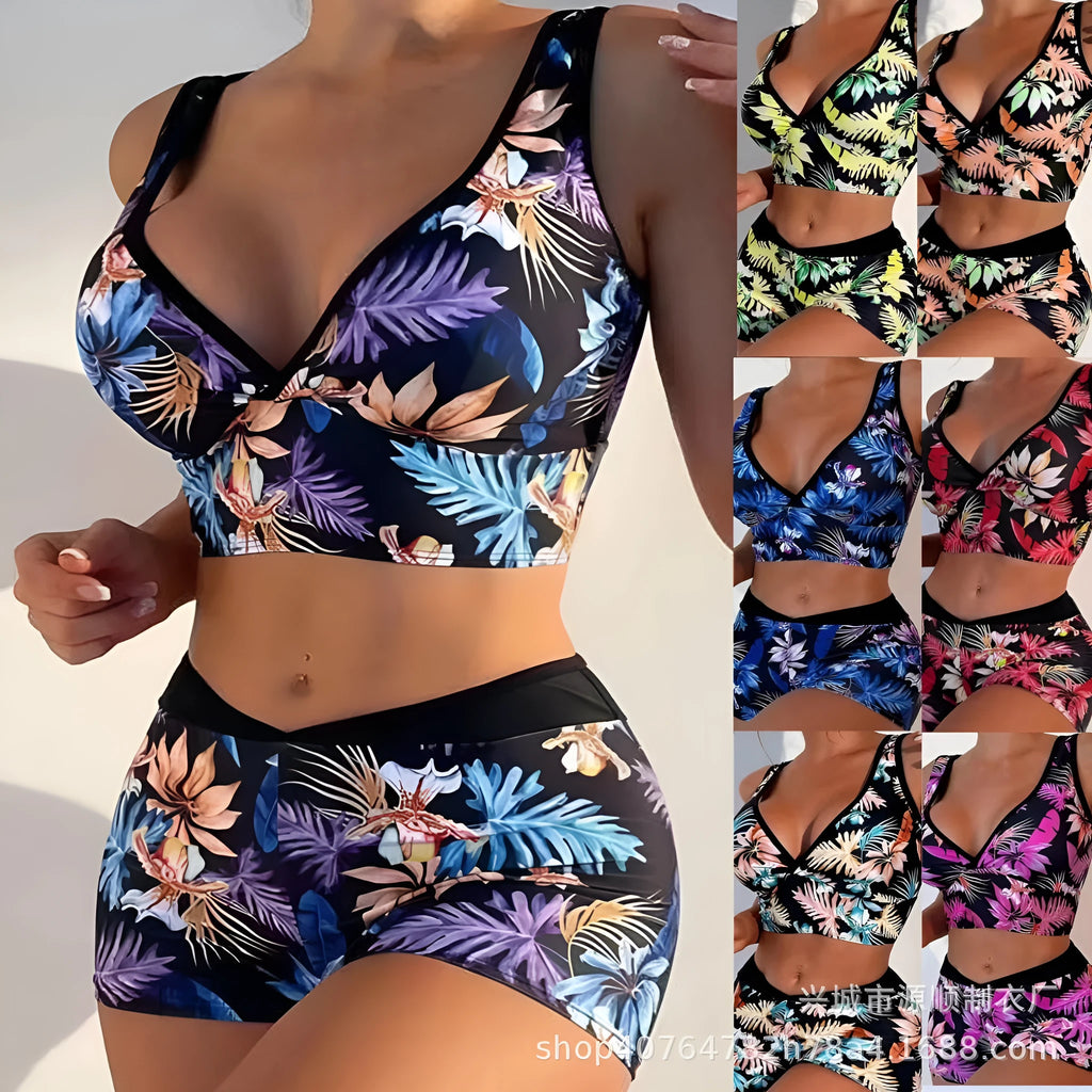 Women's two-piece swimsuit with printed boxer briefs and sleeveless top in polyester