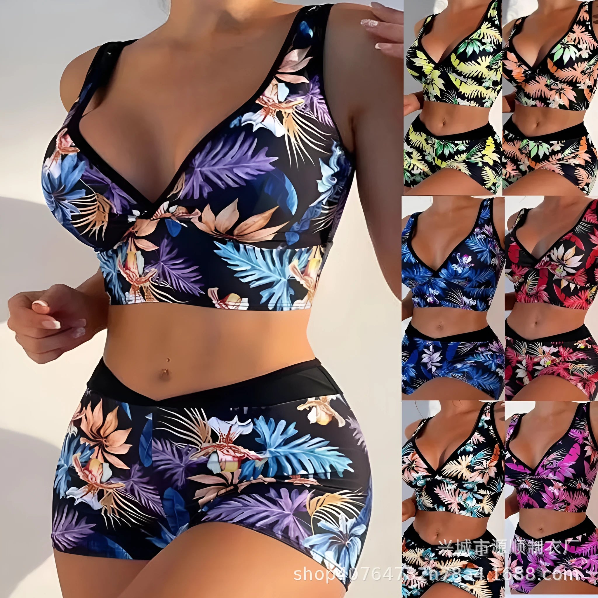 Women's two-piece swimsuit with printed boxer briefs and sleeveless top in polyester
