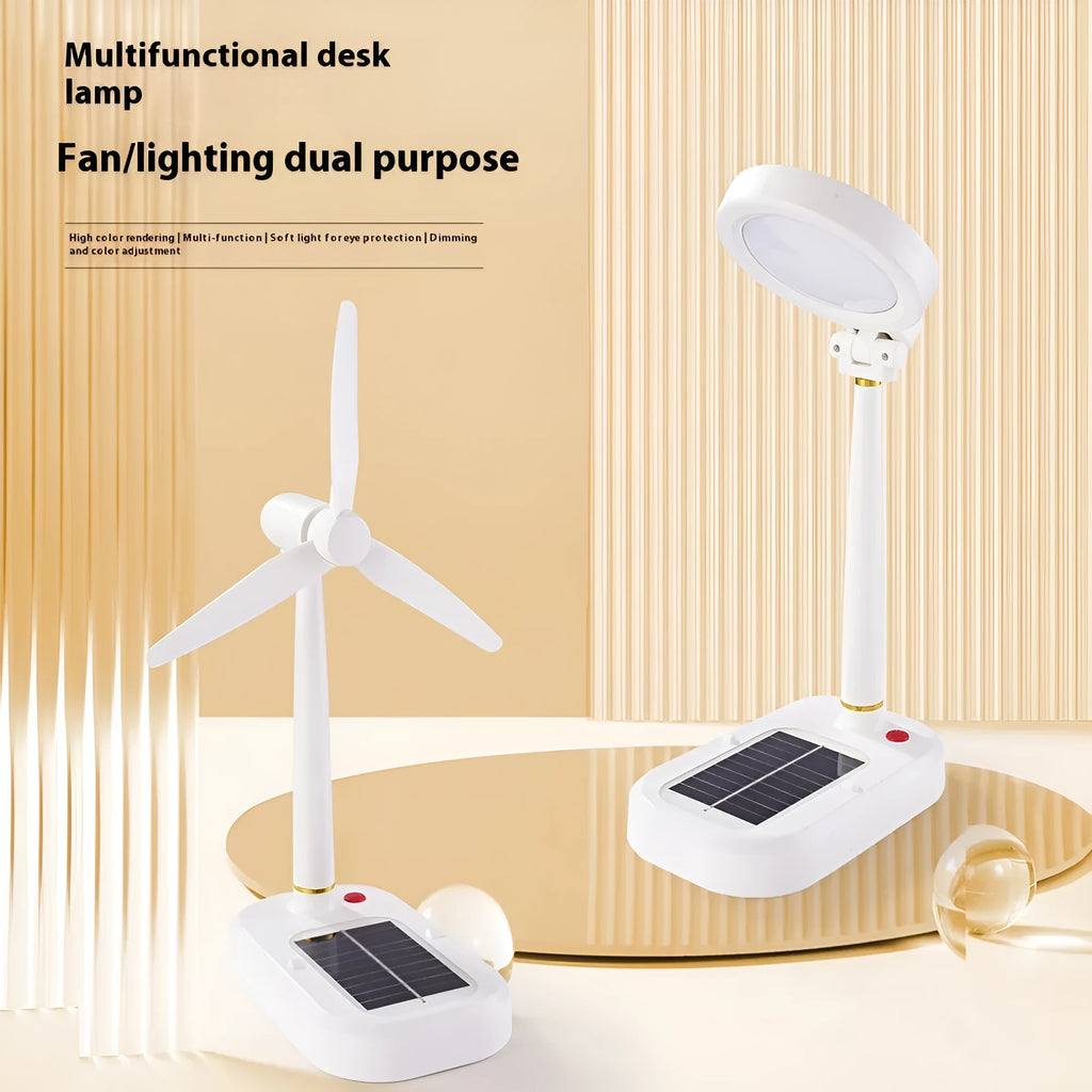 Ivory white solar-powered table fan with integrated LED desk lamp on a wooden table
