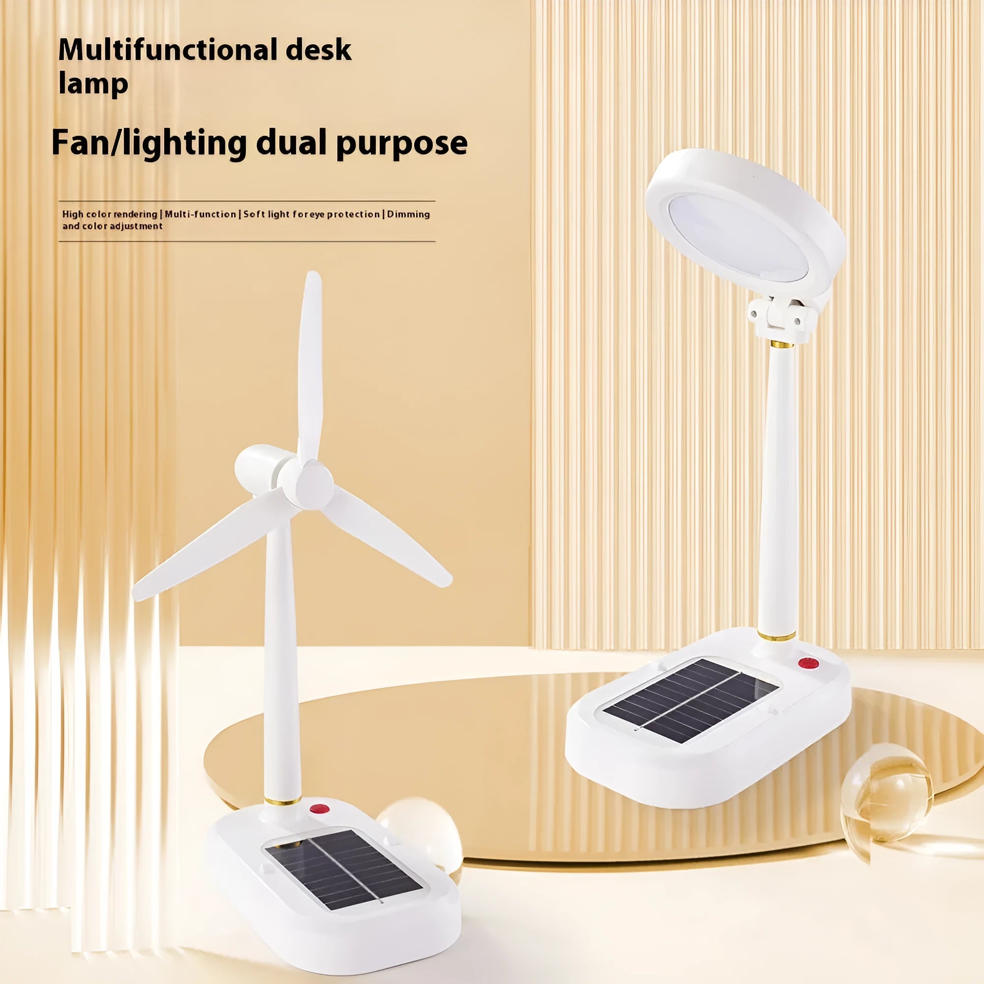 Ivory white solar-powered table fan with integrated LED desk lamp on a wooden table