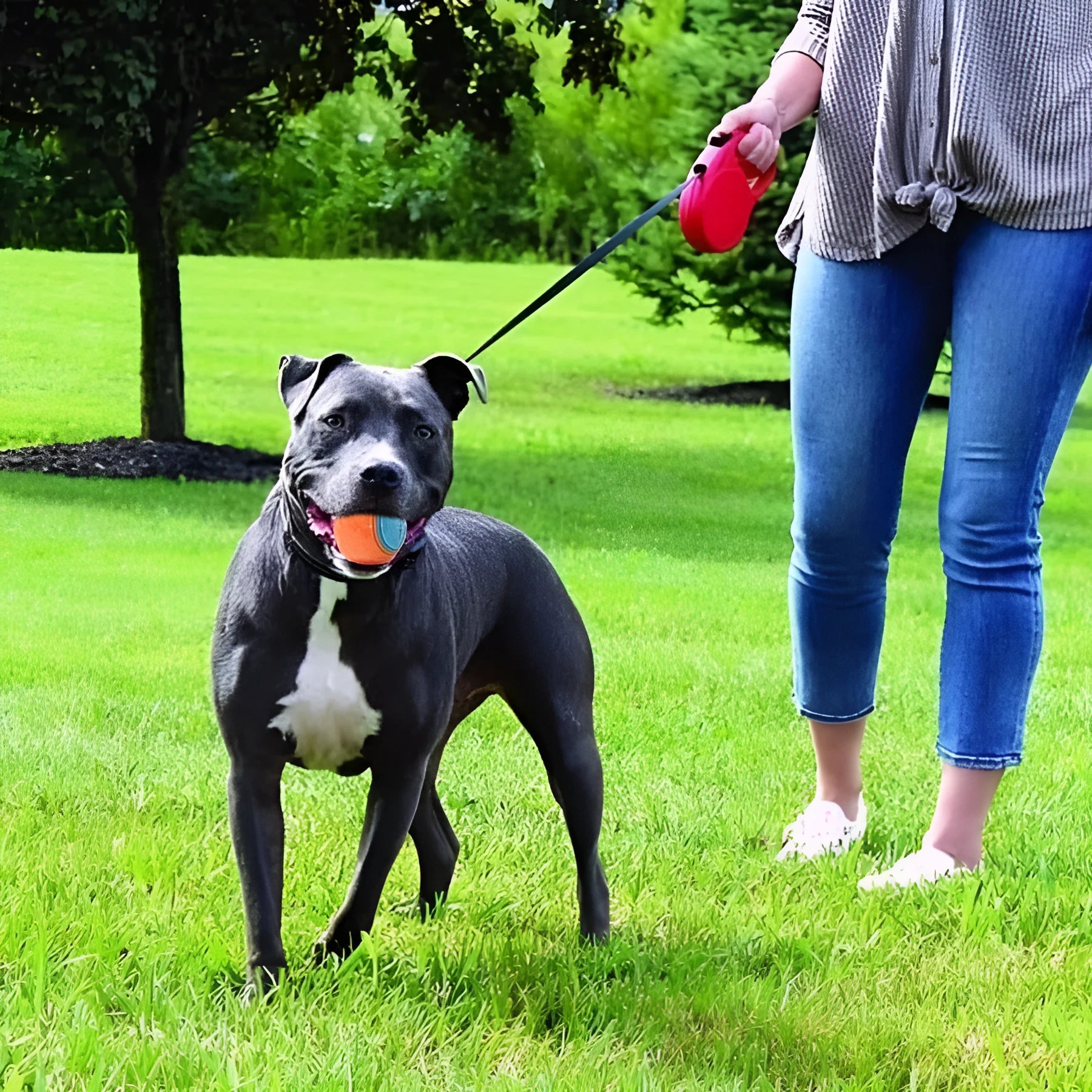 TPR rubber dog training ball in blue and orange colour combination measuring 6.5 cm across