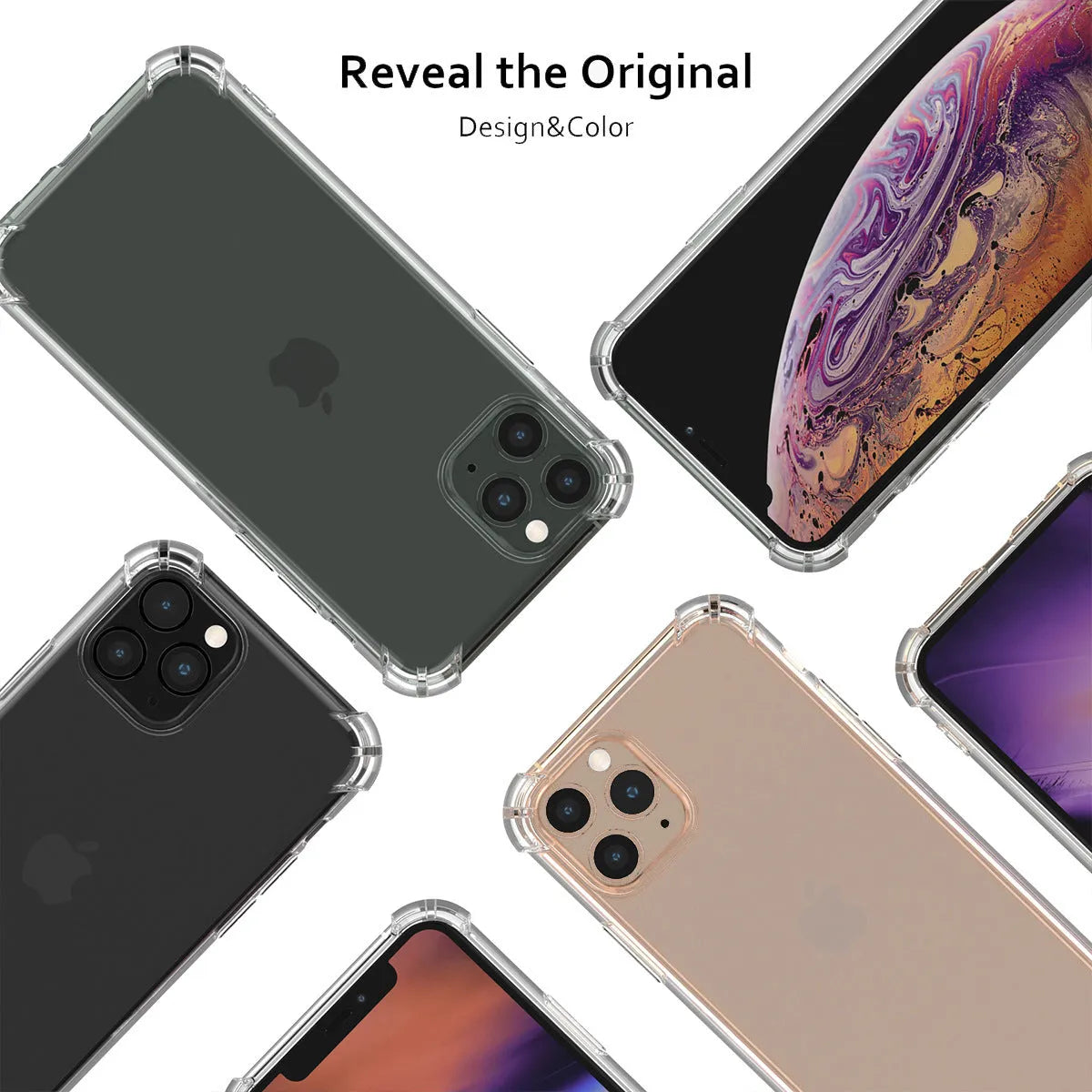 Clear transparent shockproof TPU phone case for iPhone models on a table.