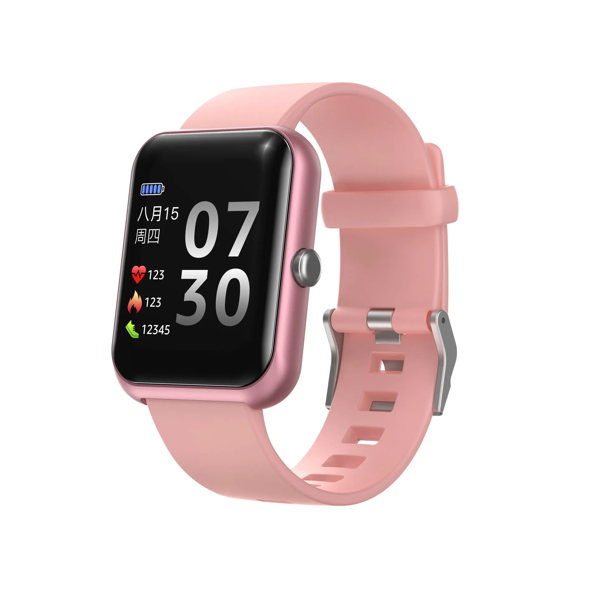 Square smart sports watch with silicone strap and aluminium metal case in multiple colour options