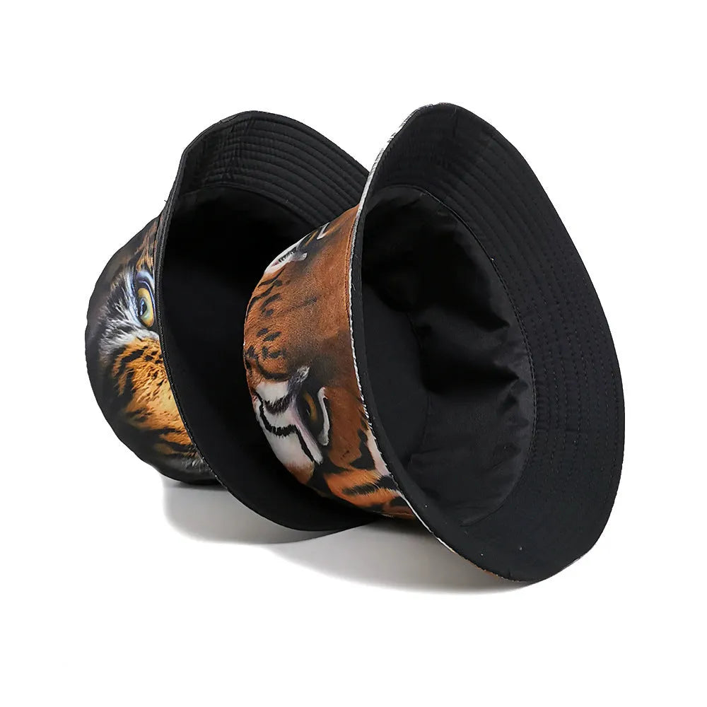 Khaki tiger print polyester bucket hat with dome crown shown at angle
