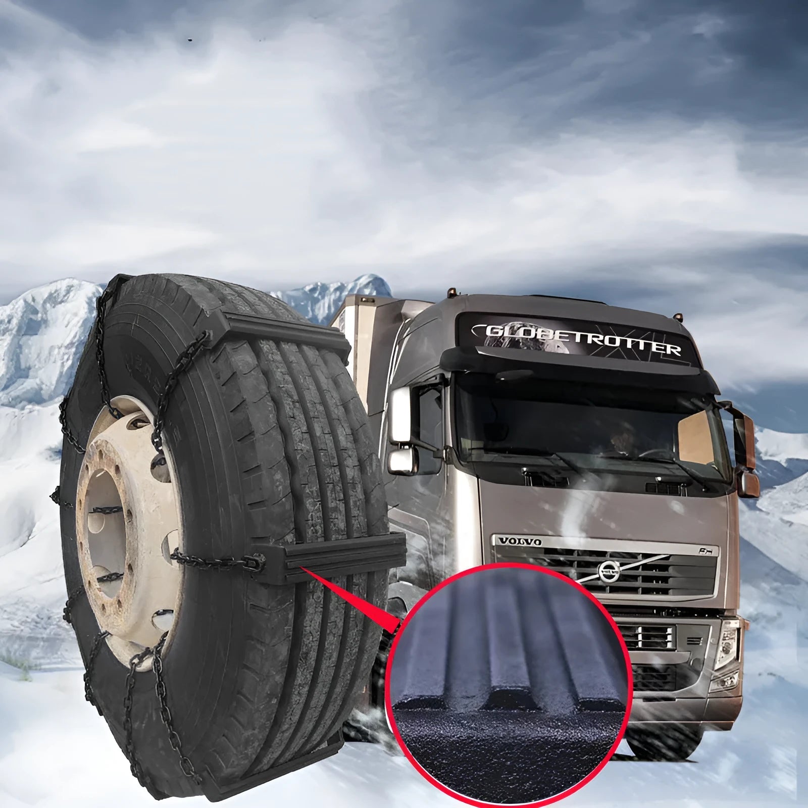 Large truck nonskid chain with semi-hanging design, iron links, shown in three sizes small medium large