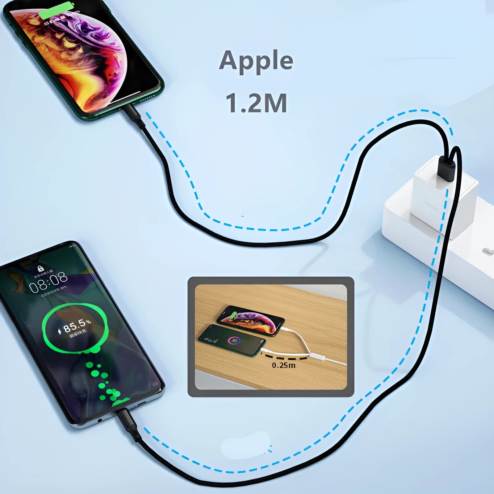 Braided two-in-one charging cable with dual connectors for Android and Apple devices in black or red