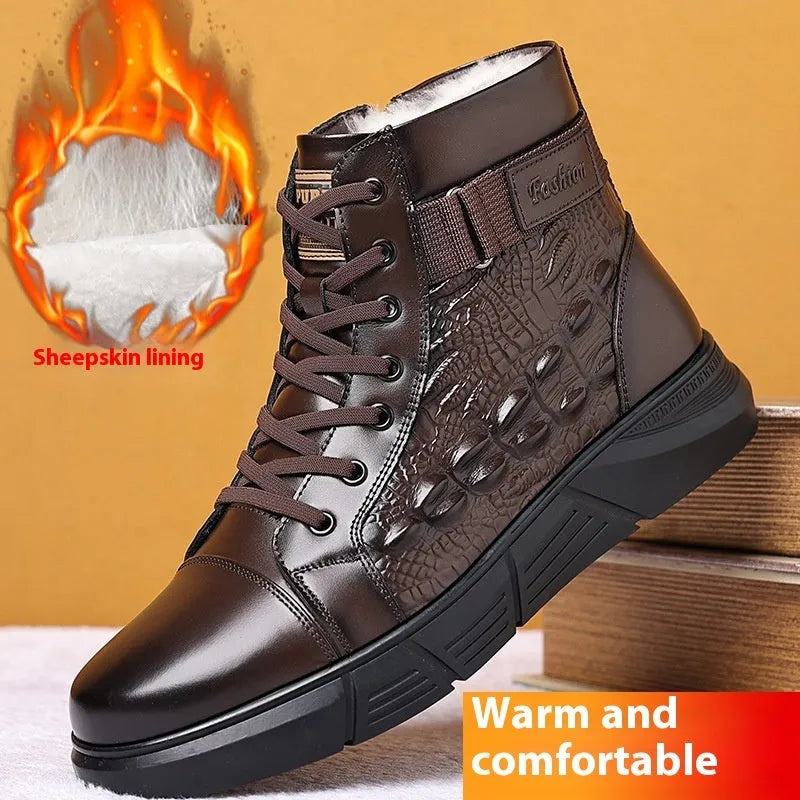 Men's black leather snow boots with fur lining, rubber sole, and lace-up front.