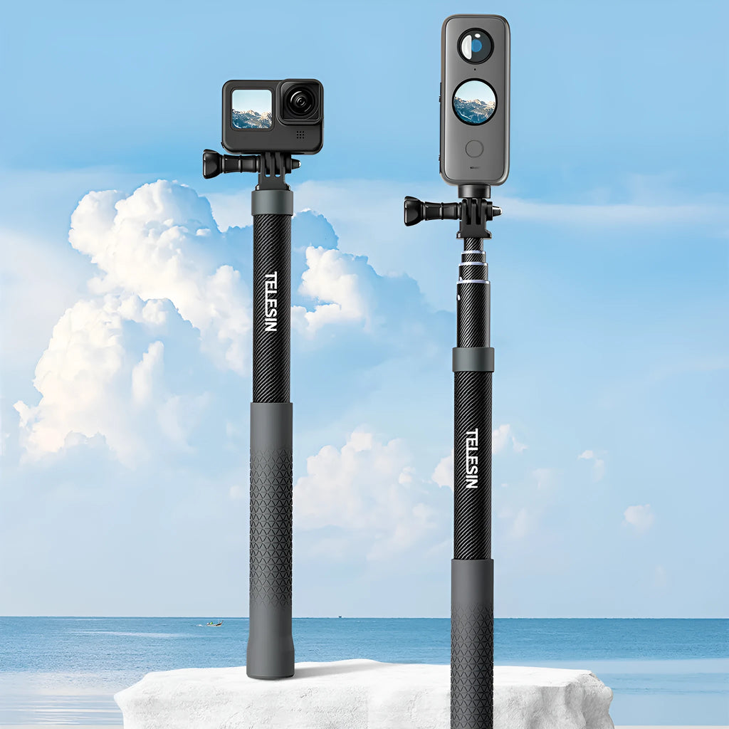 Extendable carbon fibre selfie stick collapsed to 32cm and extended to 120cm showing aluminium alloy shaft and silica gel handle for GoPro Insta360