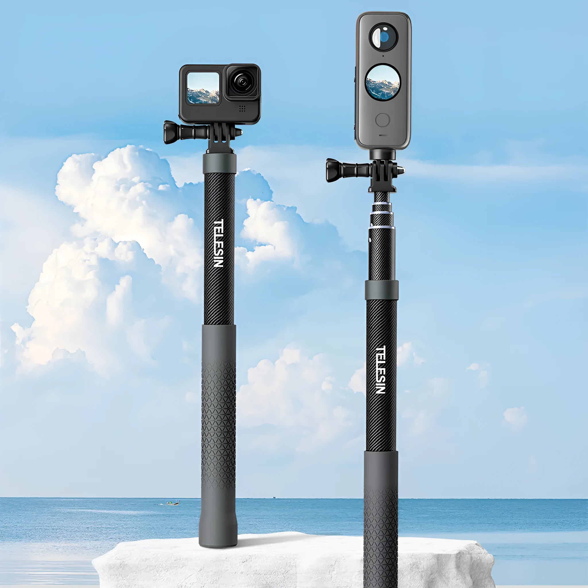 Extendable carbon fibre selfie stick collapsed to 32cm and extended to 120cm showing aluminium alloy shaft and silica gel handle for GoPro Insta360
