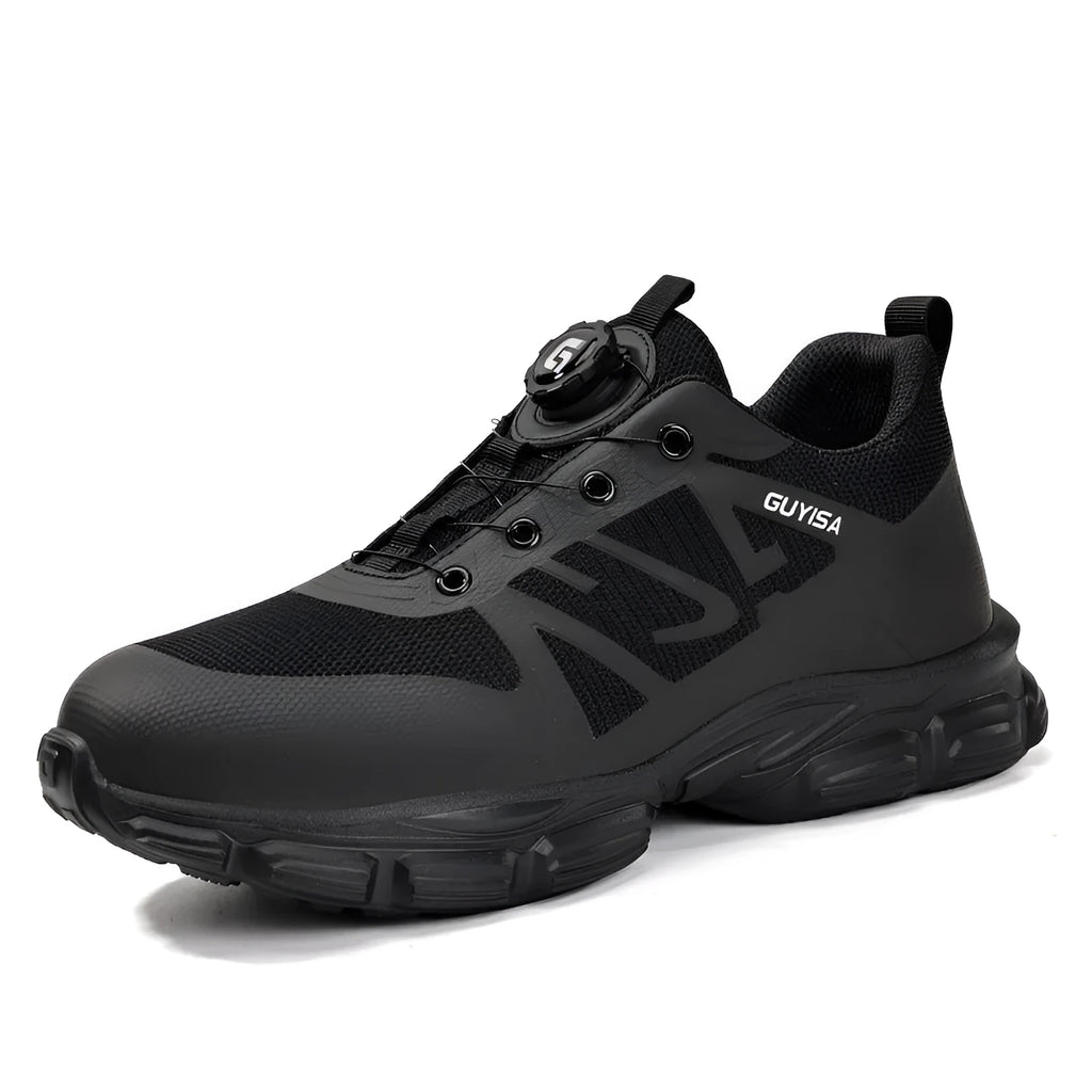 Black lightweight safety shoes with flyknit upper, steel toe cap, and TPU outsole for industrial work.