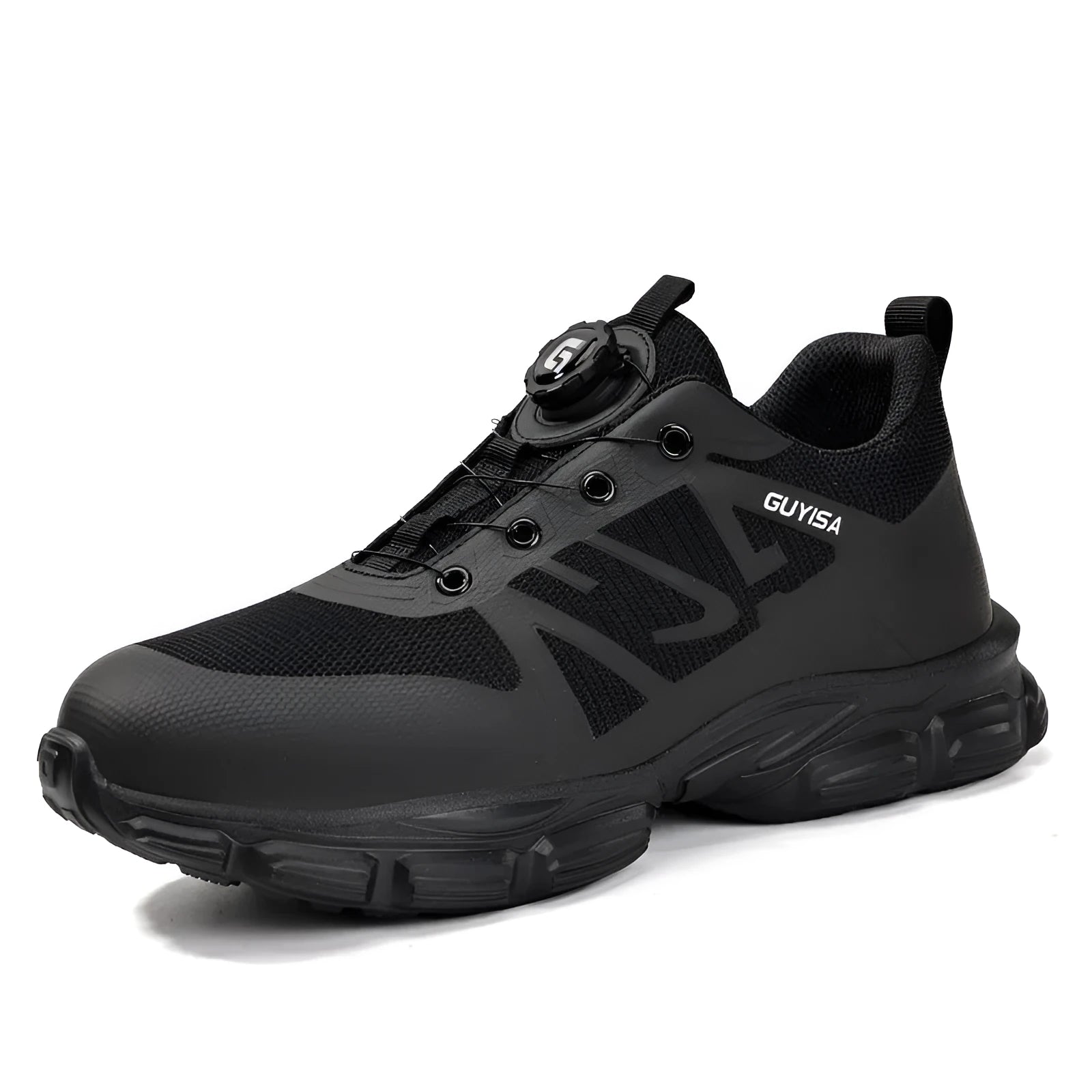 Black lightweight safety shoes with flyknit upper, steel toe cap, and TPU outsole for industrial work.