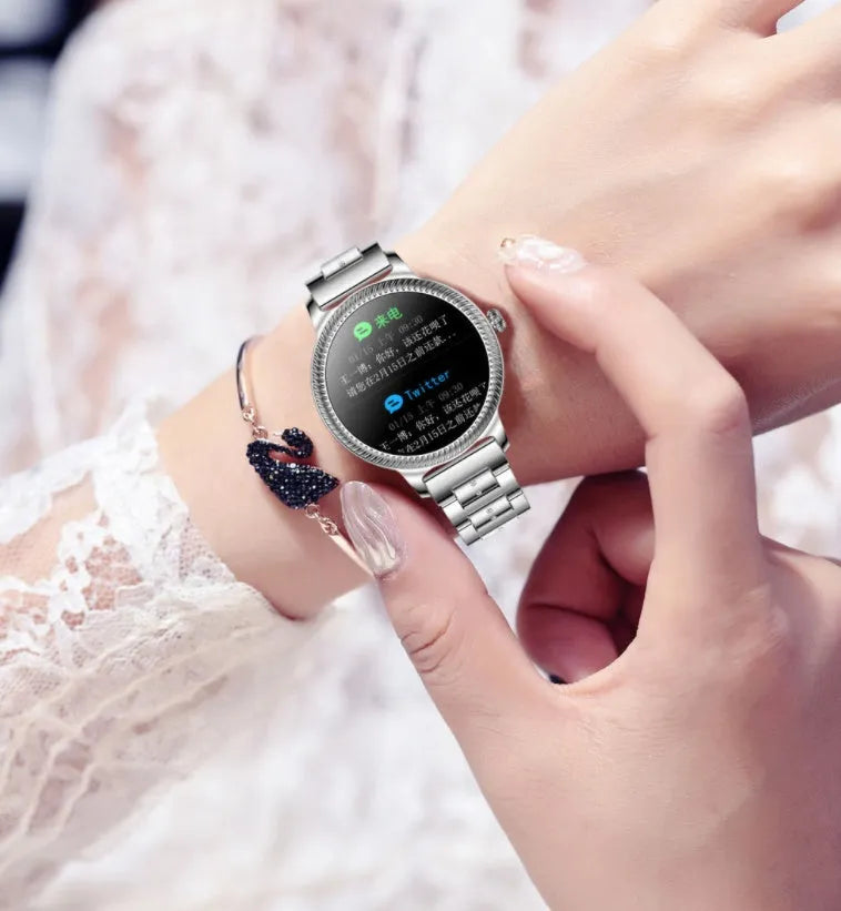 AK38 smart watch for women with stainless steel strap and 1.09-inch colour screen