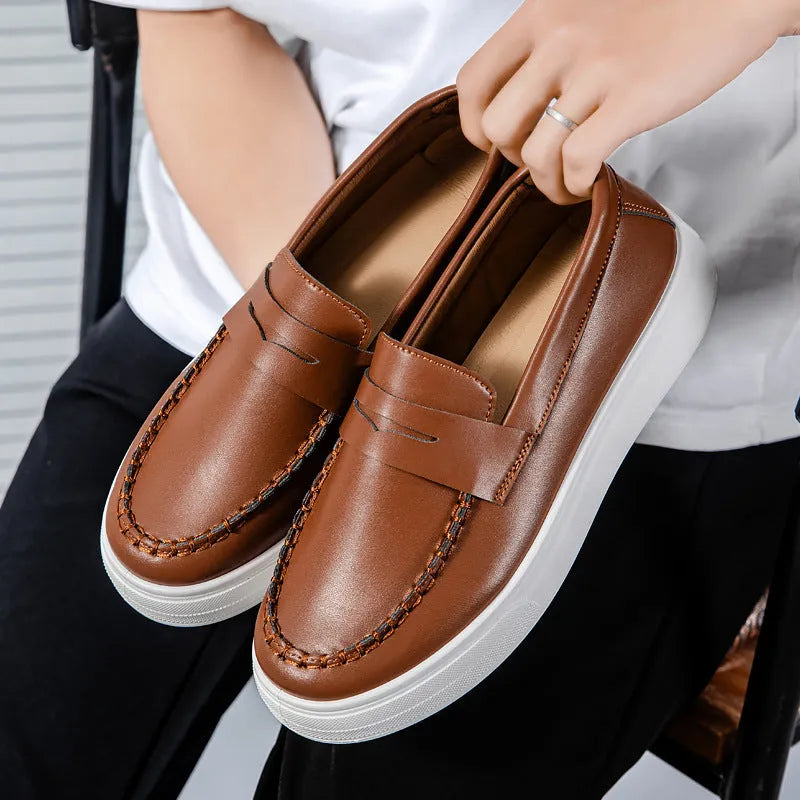 British style round toe casual shoes in PU leather, shown in white, black and white, and khaki colour options.