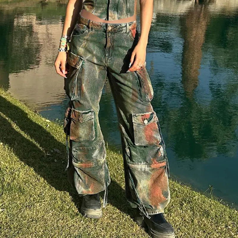 Loose cargo denim trousers with gradient colour pockets and collage stitching details