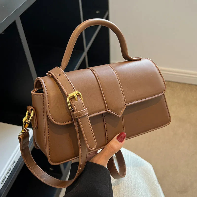 Beige PU leather women's messenger bag showing file compartment and sandwich pocket.