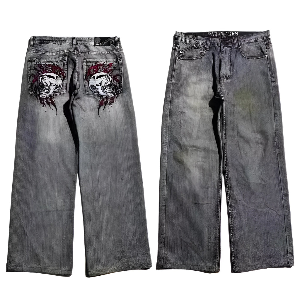 Men's grey washed-out straight-leg jeans with wide leg silhouette in retro workwear style