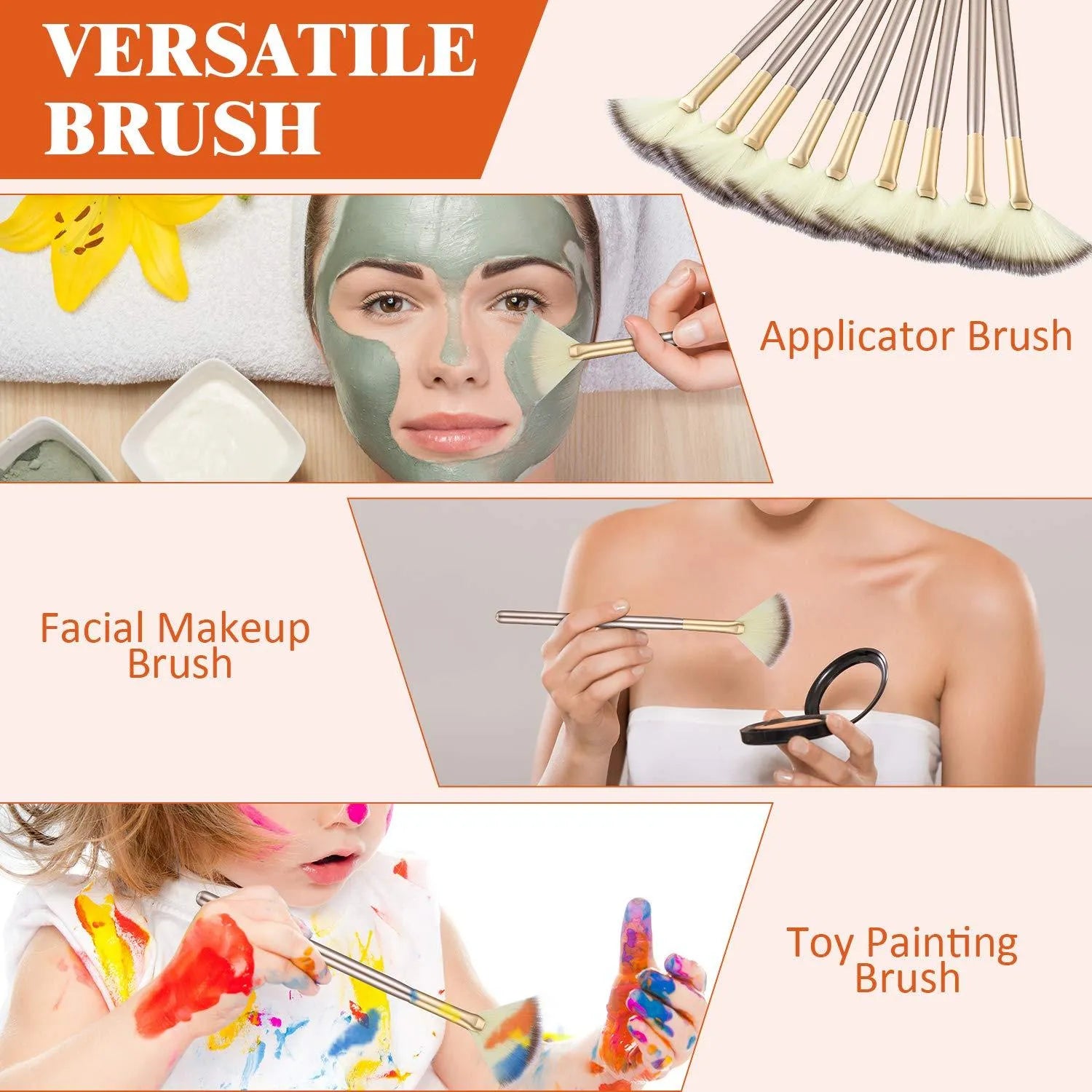 10 professional facial fan brushes with champagne finish and protective covers