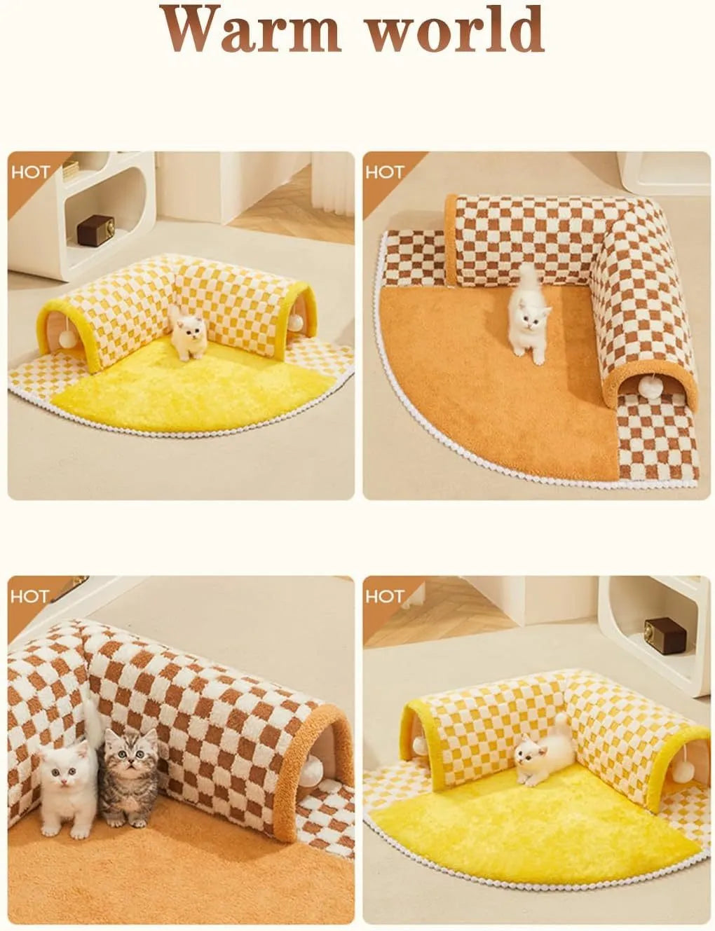 Brown plush plaid cat tunnel bed with central mat showing tunnel opening and non-slip bottom