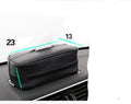 Black PU leather car hanging storage box with zipper and hook, shown next to a measuring tape indicating 23cm length.