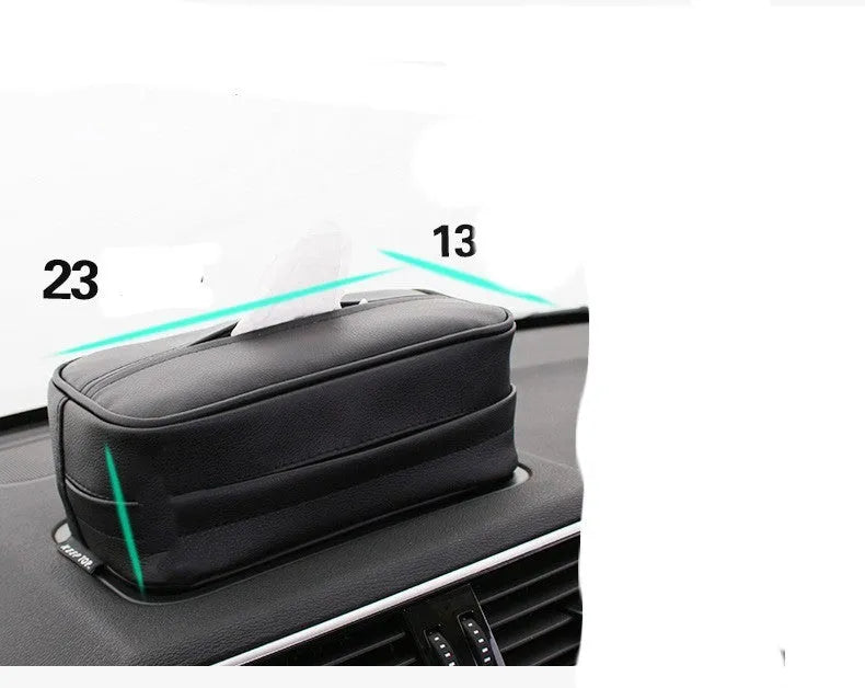 Black PU leather car hanging storage box with zipper and hook, shown next to a measuring tape indicating 23cm length.